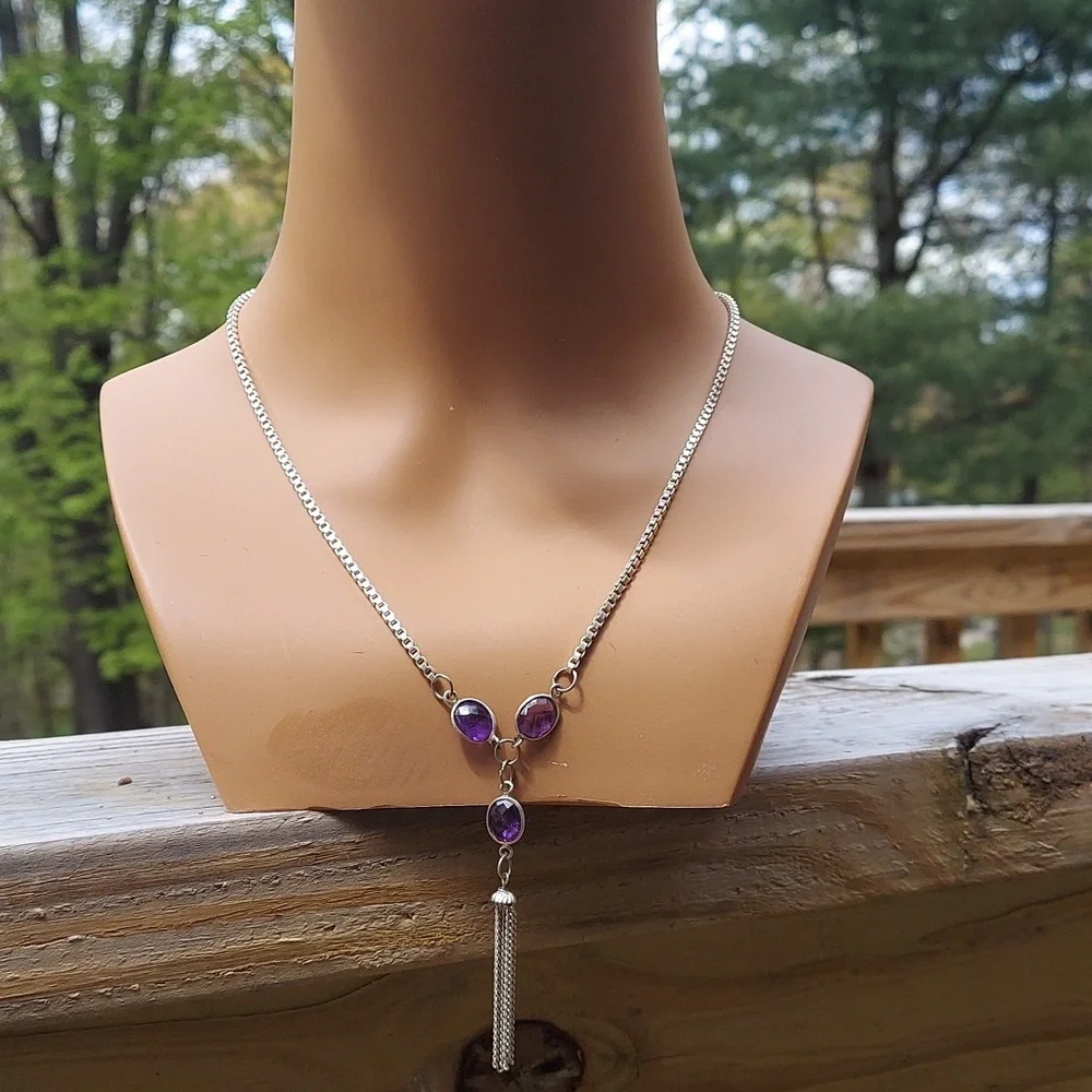 Handcrafted Sterling Silver Amethyst dangle Box Chain Necklace  New